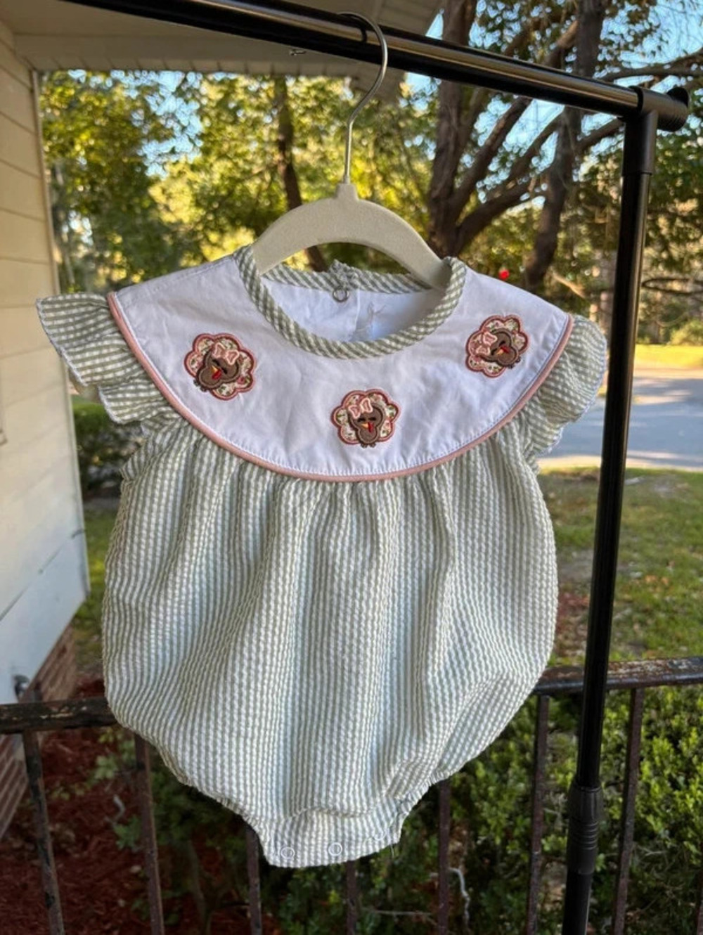 SweetHoney Green Seersucker Thanksgiving Turkey Bubble Romper